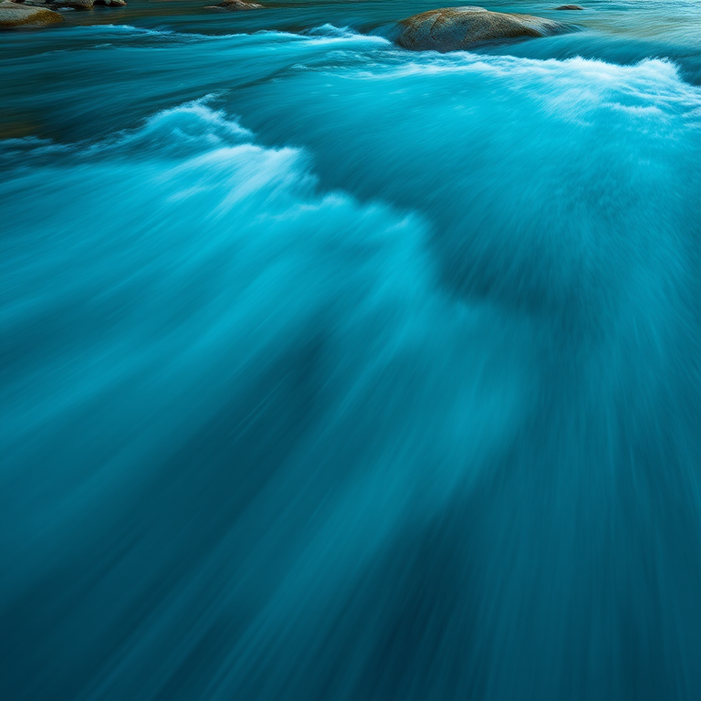 create a flowing river scene with vibrant blue hues and smooth curves, shot with a DSLR camera using a 50mm lens, aperture f/2.8, ISO 100, at a low perspective angle, in high dynamic range style
