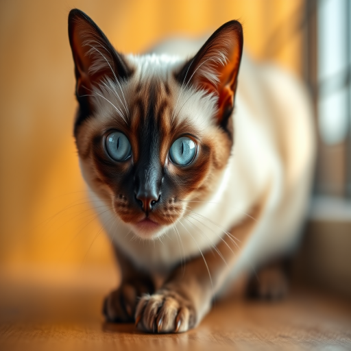 Generate a close-up image of a Siamese cat with bright blue eyes, positioned dynamically on a wooden surface, illuminated by soft directional lighting, using a DSLR camera with a 50mm lens, an aperture of f/1.8, ISO 200, and a shallow depth of field for enhanced clarity and detail.