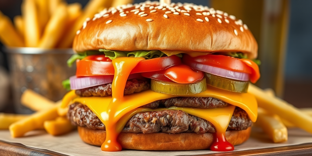 High-resolution, close-up image of a gourmet double cheeseburger. The burger features a glossy, sesame-seed-topped brioche bun. Inside, there are two thick, juicy beef patties, each topped with melted cheddar cheese. The burger is garnished with fresh lettuce, tomato slices, diced onions, and pickles. A generous amount of ketchup and a creamy, orange-colored sauce is dripping down the sides, adding to the mouth-watering appeal. In the background, there are blurred elements including a side of golden French fries and a hint of a beverage, enhancing the overall presentation of a delicious meal.
