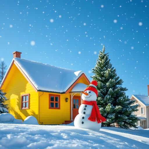 A cozy winter scene with a yellow house, a snowman wearing a red scarf and hat, and green pine trees, set against a bright blue sky with falling snowflakes, captured with a DSLR camera at an aperture of f/8, ISO 100, shutter speed 1/200s, wide-angle lens, shot in vibrant colors to enhance clarity and detail.