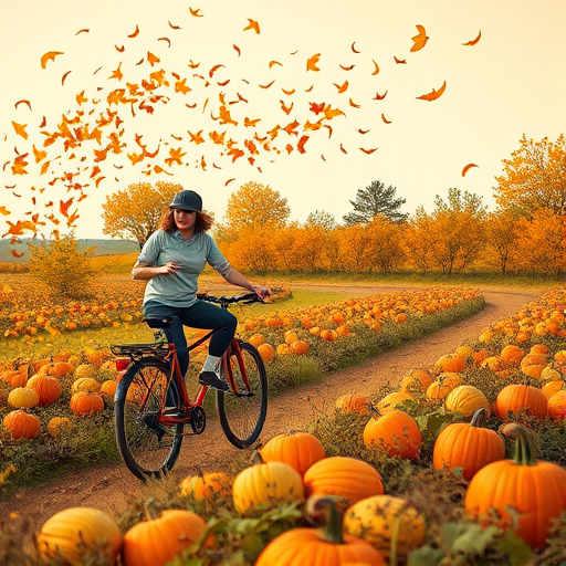 Generate an illustration of a person riding a bicycle through a pumpkin patch in autumn, with colorful leaves swirling in the air, bright orange and yellow pumpkins scattered throughout the landscape, soft pastel sky, using a Canon EOS R5, 35mm lens, f/8 aperture, ISO 100, high dynamic range for vibrant colors and sharp details.