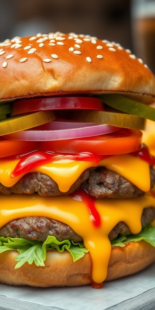 High-resolution, close-up image of a gourmet double cheeseburger. The burger features a glossy, sesame-seed-topped brioche bun. Inside, there are two thick, juicy beef patties, each topped with melted cheddar cheese. The burger is garnished with fresh lettuce, tomato slices, diced onions, and pickles. A generous amount of ketchup and a creamy, orange-colored sauce is dripping down the sides, adding to the mouth-watering appeal. In the background, there are blurred elements including a side of golden French fries and a hint of a beverage, enhancing the overall presentation of a delicious meal.
