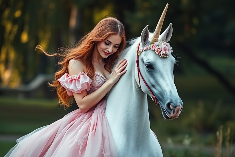 A majestic woman in a flowing pink gown lovingly embraces a white unicorn adorned with floral decorations, captured in a close-up shot using a full-frame DSLR camera, aperture f/2.8, ISO 100, with soft natural lighting to enhance the ethereal quality of the scene.