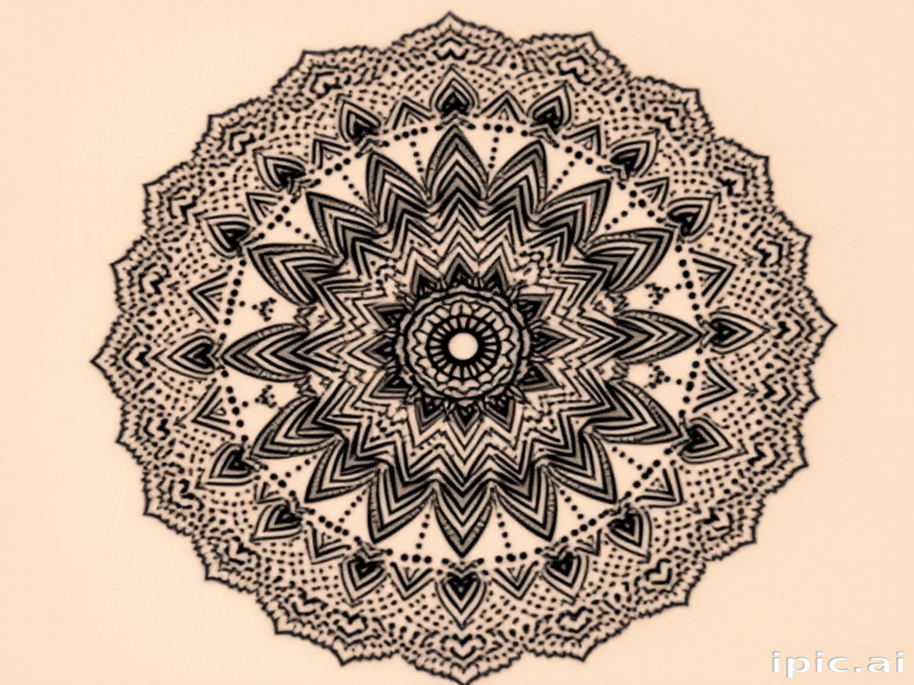 Intricate dotwork mandala tattoo titled "Infinite Serenity" composed entirely of thousands of meticulously placed dots forming intricate geometric patterns and sacred symbols radiating outward from a central focal point gradual shading achieved through dot density creates a mesmerizing three-dimensional effect evoking a sense of calm and balance