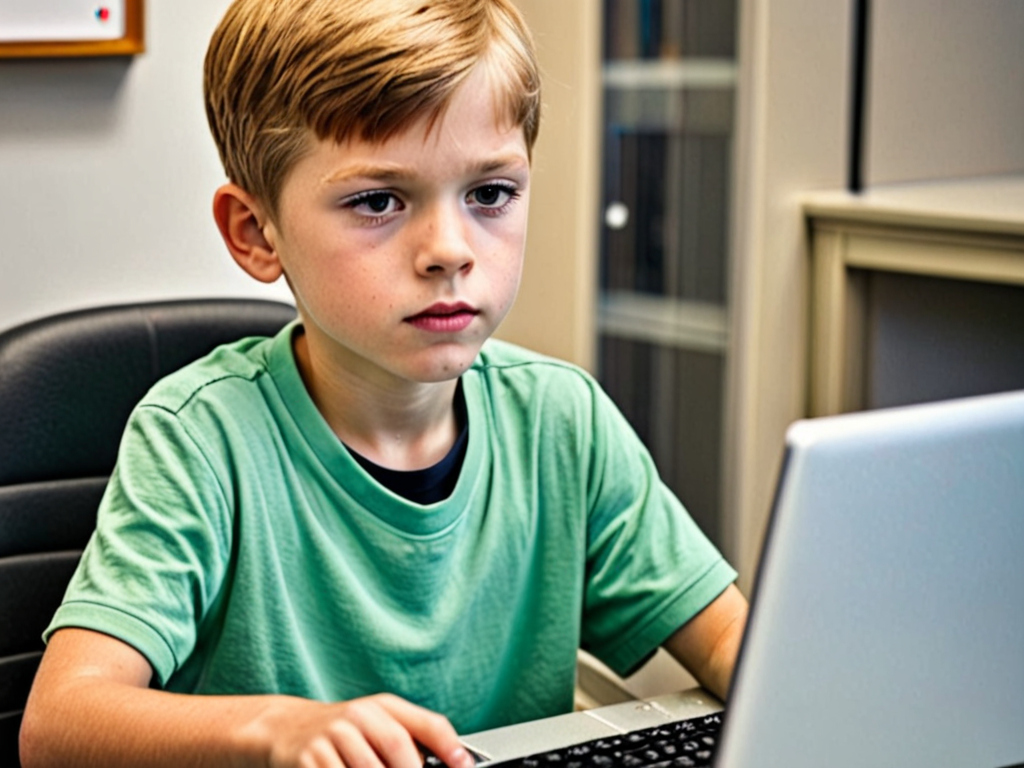 a picture of kid looking at computer screen coding