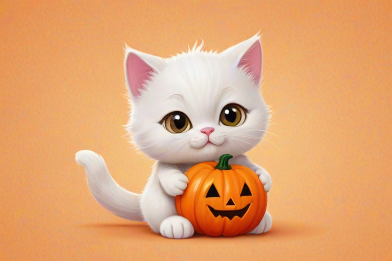 a cute cartoon white cat holding a small pumpkin filled with colorful candy, against an orange background
