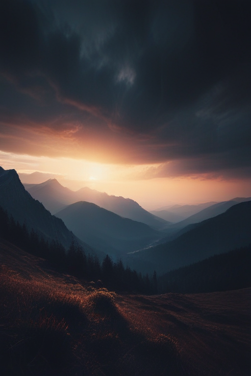 Majestic Mountain Landscape at Dusk with Dramatic Clouds and Sunset Glow