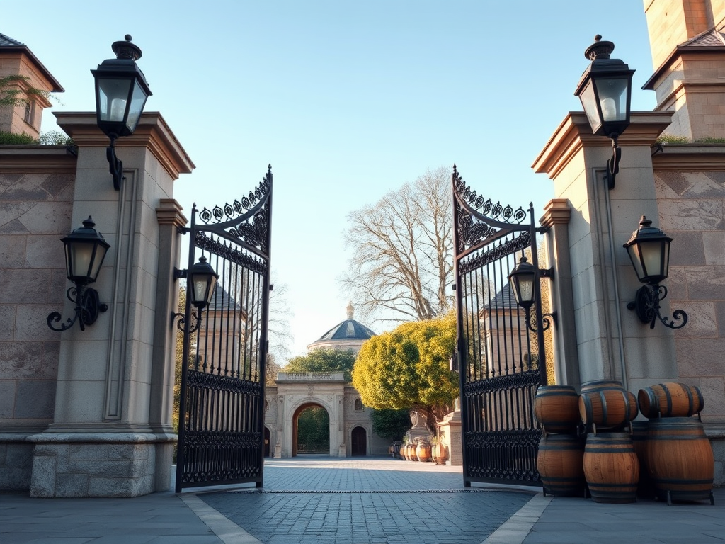 Generate a detailed architectural scene of a grand entrance with two open iron gates, flanked by stone pillars with ornate lanterns, featuring stacked wooden barrels nearby, designed in a realistic style, captured with a DSLR camera at f/8 aperture, ISO 100, 24mm wide-angle lens, in bright daylight to enhance clarity and texture.