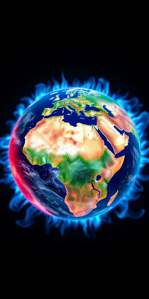 Create a detailed 3D rendering of Earth with vibrant colors, focusing on Europe and Africa, with blue flames encircling the planet, shot with a Canon EOS 5D Mark IV, 24mm lens, f/8 aperture, ISO 100, in a low-angle view, using high dynamic range imaging for enhanced clarity and contrast.