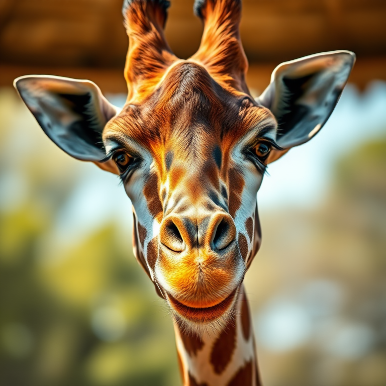 generate a high-resolution image of a giraffe close-up portrait with a shallow depth of field using a Canon EOS R5 with a 50mm lens at f/1.8, ISO 100, and natural daylight to create vibrant colors and soft bokeh in the background.