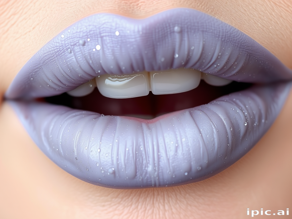 Lavender-gray lips with "Misty Morning" style, showcasing a unique cloud-like texture and delicate silver sparkles, reminiscent of early morning dew