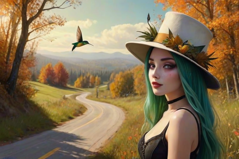 digital art fantasy depicting a strange girl with green hair, long eyelashes, white lipstick and a tall hat walking along a winding road on an autumn afternoon, an Hummingbird smiles as she passes
