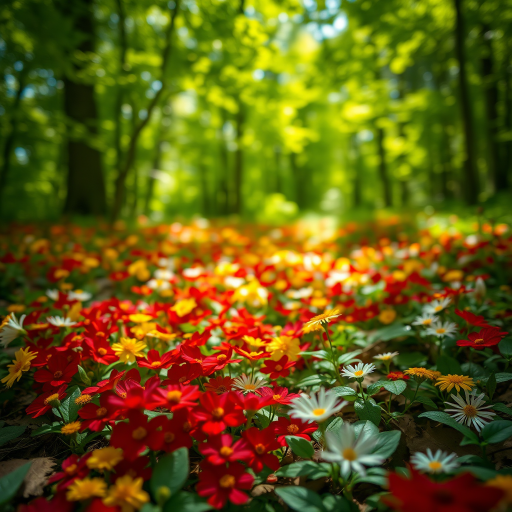 lush forest floor filled with vibrant red, yellow, and white flowers, dappled sunlight filtering through green leaves, shallow depth of field, shot with a DSLR camera at 50mm, aperture f/2.8, ISO 200, natural daylight, soft focus background