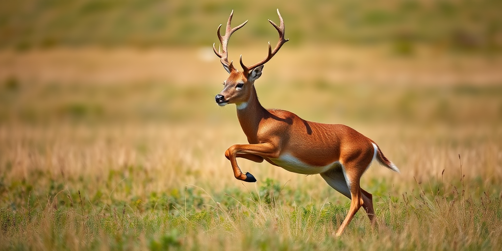 A majestic deer leaping through a grassy meadow, captured with a Canon EOS 5D Mark IV, 1/2000 sec, f/4, ISO 400, 70mm lens, shot in natural light with a shallow depth of field for a blurred background.