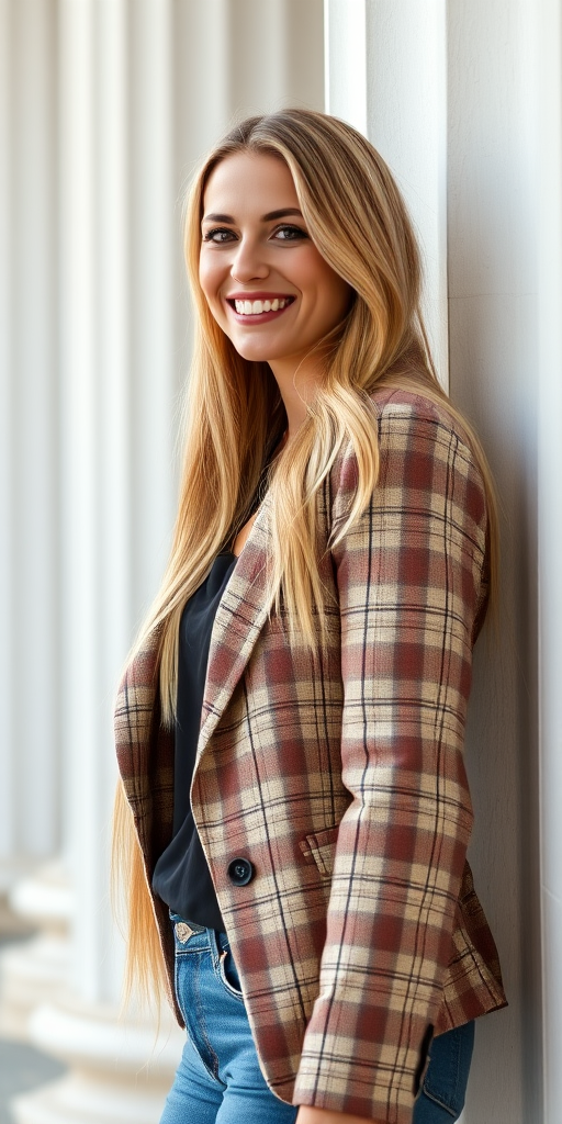 portrait of a smiling woman with long blonde hair, wearing a checkered blazer and jeans, standing against a white column background, soft natural lighting, shot on a DSLR camera with a 50mm lens, aperture f/1.8, ISO 100, shutter speed 1/200 sec, side profile view, focus on subject with shallow depth of field for a blurred background