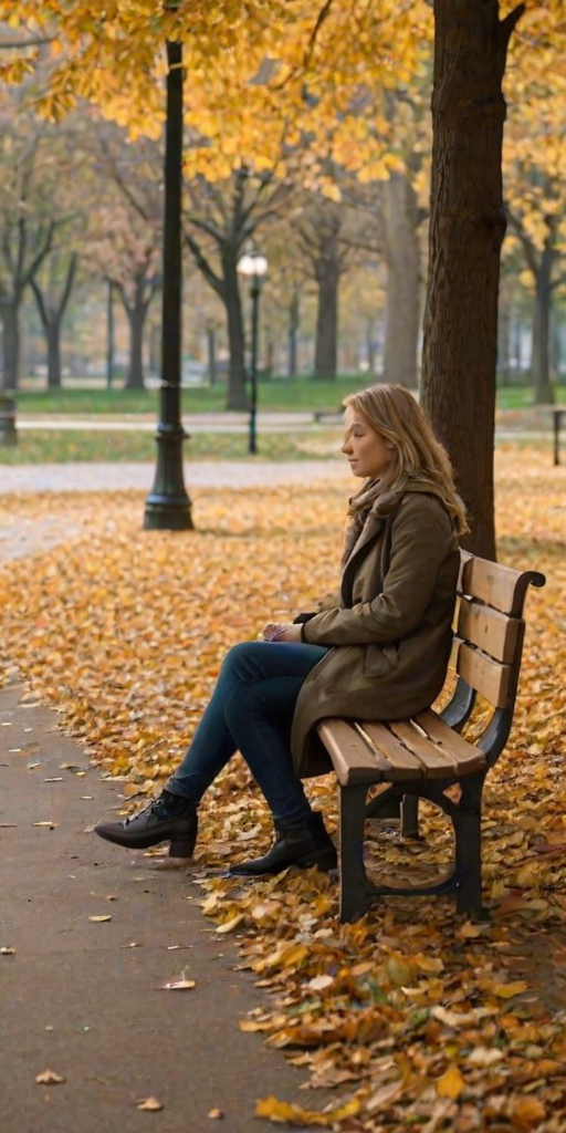 Quiet corner of a city park, a woman sits on a bench, watching the world go by as leaves fall gently around her, her hand resting on the handle of her bicycle.