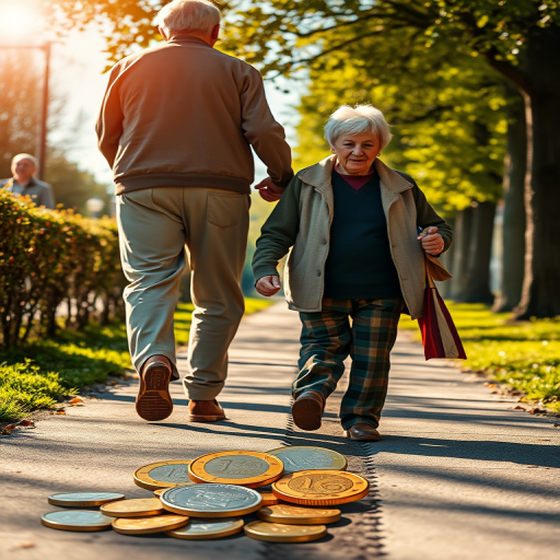 Create an image of two elderly people walking hand in hand on a sunny path, with a zipper effect revealing a close-up of various Euro coins beside them, shot with a Canon EOS R5, 50mm f/1.8 lens, aperture set to f/2.8, ISO 200, and a slight vignette for emphasis on the subjects.