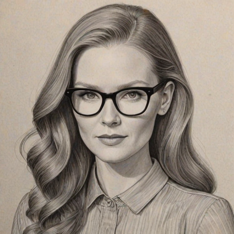 Resplendent Darby Stanchfield, pencil sketch, portrait of Enchanting woman 1942s in glasses, hair style beatnik, outline, clear lines, fine lines, 8k