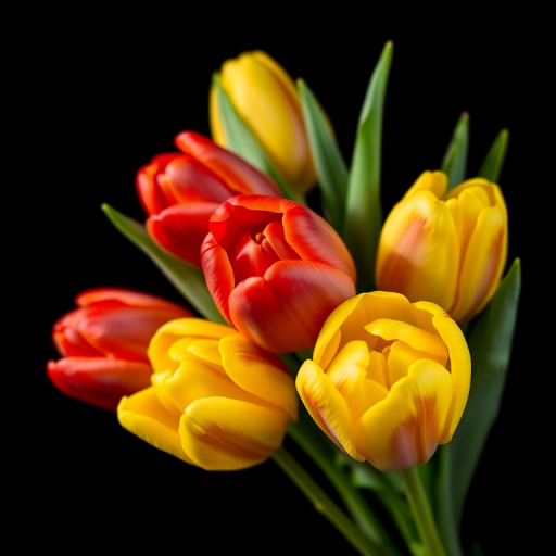 A bouquet of red and yellow tulips against a black background, captured with a macro lens at f/2.8 aperture, 1/200 sec shutter speed, ISO 100, soft lighting to enhance the colors and details.