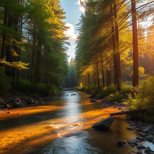 Create an image of a serene, sunlit forest scene with a clear, gently flowing river. Tall trees with lush green foliage line both sides of the river, their leaves bathed in the warm golden light of the setting or rising sun. The sunlight filters through the trees, casting soft, dappled light on the river, which flows over smooth rocks and pebbles, creating a peaceful, natural atmosphere. The sky is bright with a few scattered clouds, and the overall mood is tranquil, evoking a deep sense of connection with nature. The image captures the beauty of a calm, pristine forest landscape at either dawn or dusk.