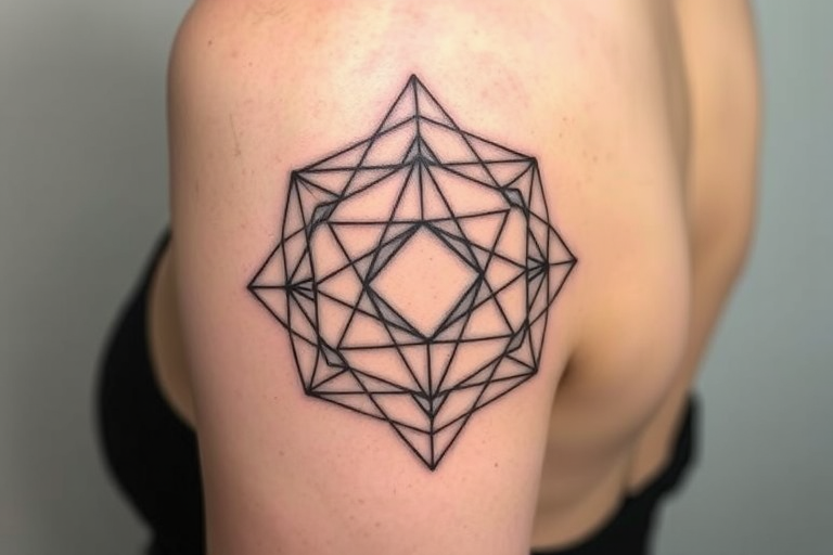 Minimalist blackwork tattoo called "Geometric Harmony" showcasing precise thin lines forming intricate overlapping shapes and sacred geometry patterns creating a striking contrast against the skin