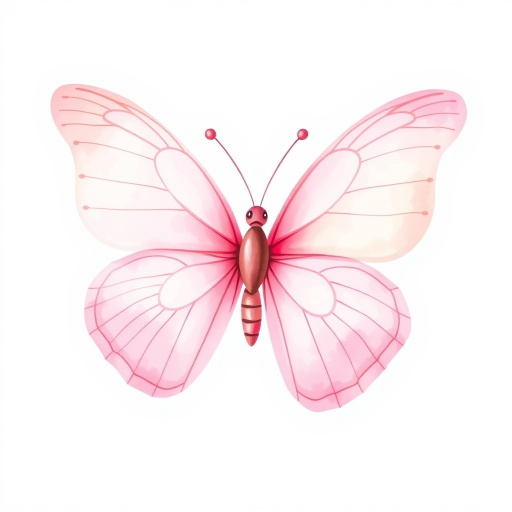 Create a watercolor illustration of a delicate pink butterfly with soft gradient wings, showcasing shades of light pink and cream. The butterfly should be depicted from a side view, highlighting its intricate wing patterns and gentle curves. The background should be minimal to emphasize the beauty of the butterfly.