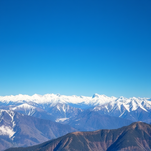 Capture a panoramic view of snow-capped mountains under a clear blue sky, using a DSLR camera with a 24mm lens, aperture f/8, ISO 100, shutter speed 1/200 sec, with a wide-angle shot for enhanced depth and detail.