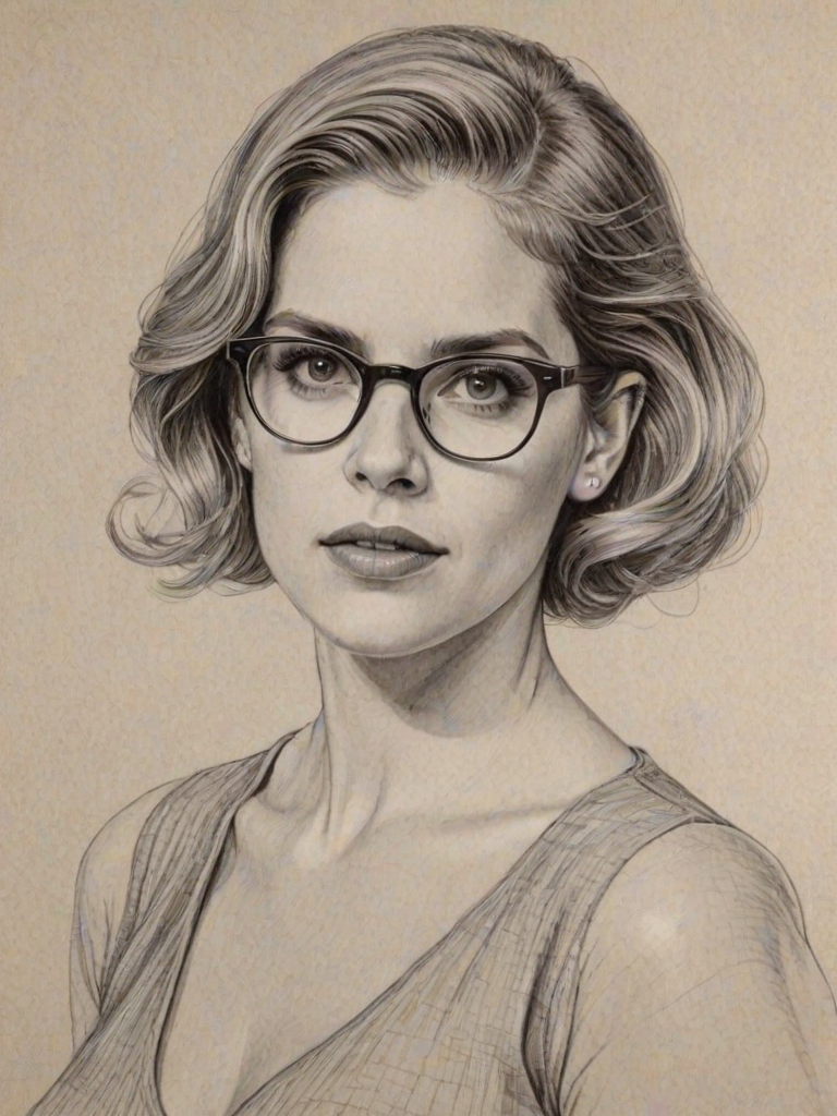 Magnificent Anna Chlumsky, pencil sketch, portrait of Wonderful woman 1931s in glasses, hair style beatnik, outline, clear lines, fine lines, 8k