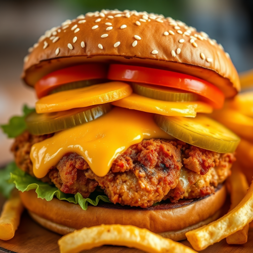 A detailed close-up of a gourmet burger featuring a crispy chicken patty, melted cheddar cheese, fresh lettuce, tomatoes, and pickles on a sesame seed bun, with a side of golden fries, shot with a Canon EOS R5 at f/2.8, ISO 100, 1/125 sec, with a shallow depth of field and natural lighting to enhance textures and colors.