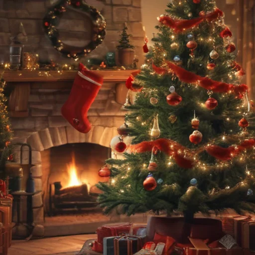 Cozy Christmas Scene with a Beautifully Decorated Tree and Fireplace