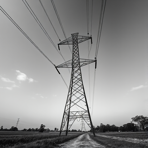 Capture a dramatic black and white image of a high-voltage power line tower in a rural setting, low angle view, with a wide aperture of f/2.8, shutter speed of 1/200s, ISO 100, using a DSLR camera with a 24mm lens for enhanced depth and clarity.