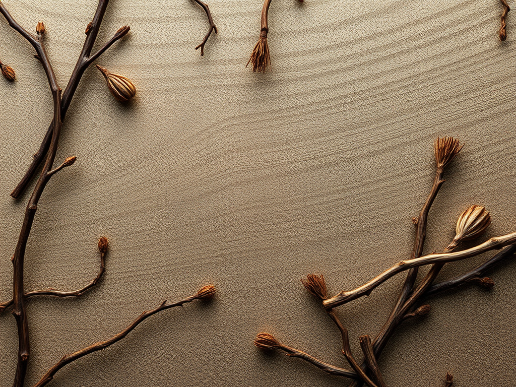 Create a high-resolution image of a textured background featuring abstract linear designs made of dried twigs and foliage, shot with a DSLR camera at f/8 aperture, ISO 100, 50mm lens, top-down view, soft lighting to enhance details and depth.