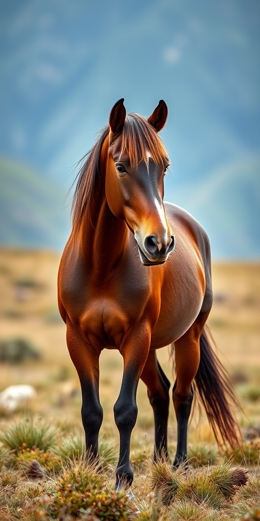 a majestic brown horse standing in a grassy field with a blurred mountainous background, captured with a Canon EOS R6, 85mm lens, f/2.8 aperture, ISO 200, natural light, portrait orientation, shallow depth of field