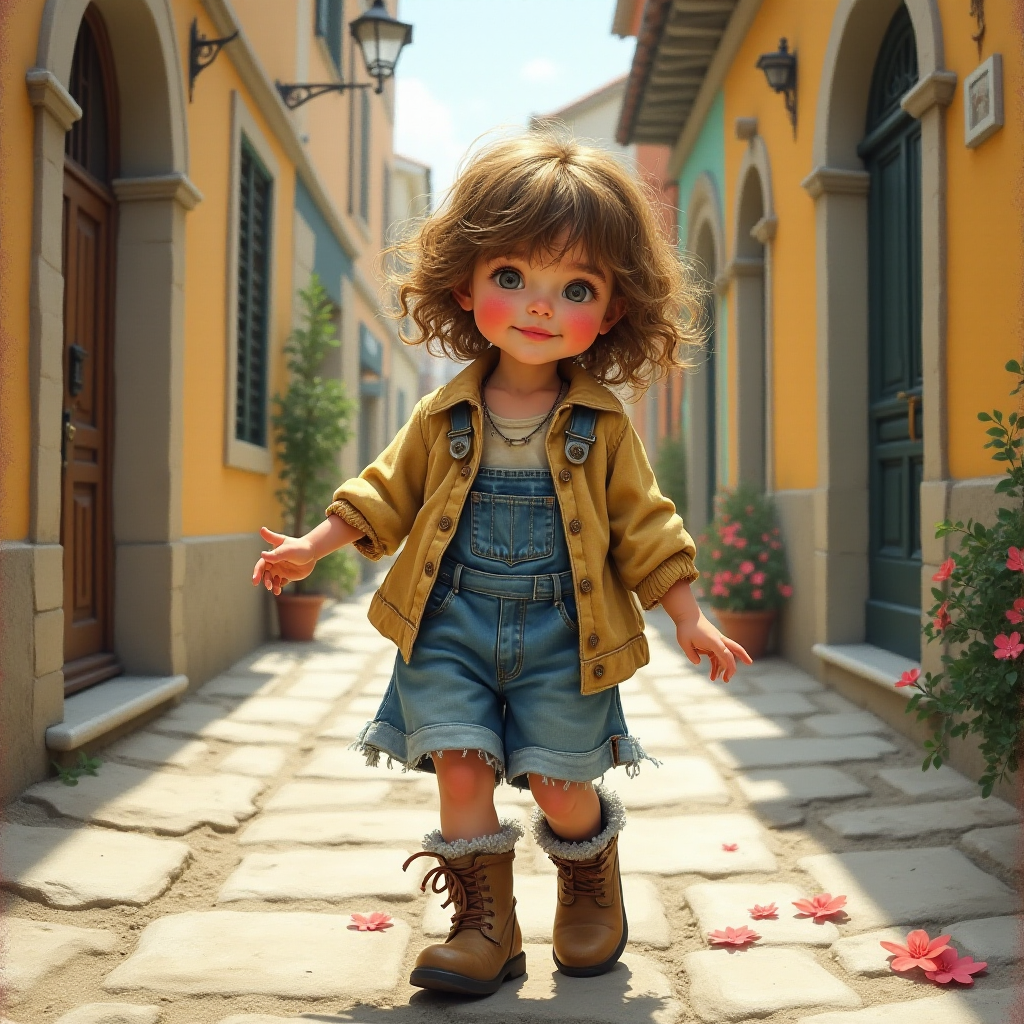 Whimsical little 3-year-old girl wearing scruffy tomboy clothes, boots, messy hair heavily blushed cheeks, pink lips, closely dancing in the street of an Italian village,Textured painterly fantasy artistic mixed media
