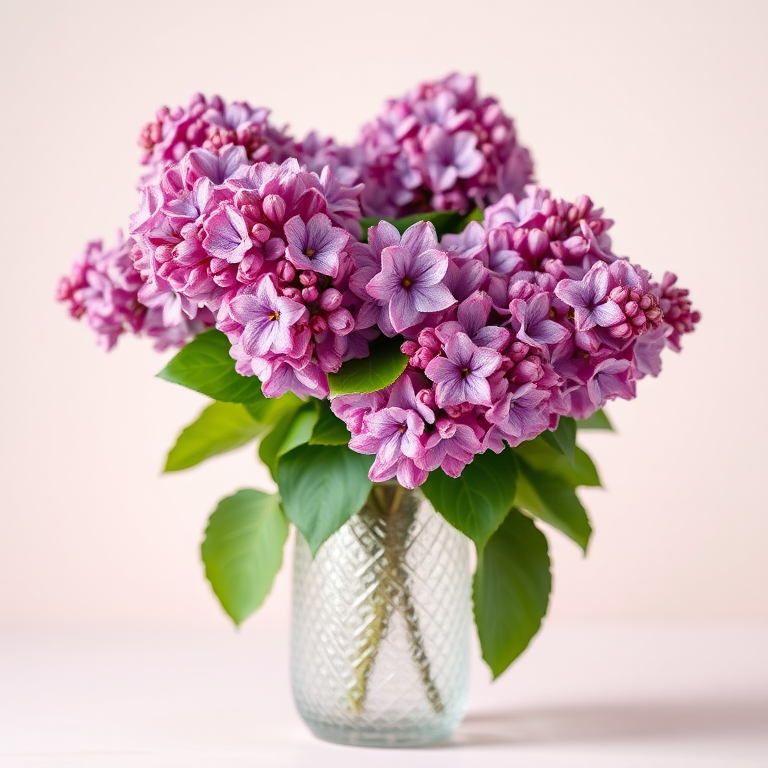 vibrant bouquet of lilacs in a textured glass vase, soft pastel background, high-resolution, f/2.8 aperture, ISO 100, 50mm lens, natural light, shallow depth of field