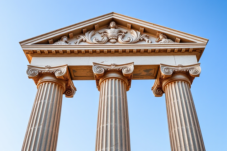 Create a high-resolution vector image of three classical Greek columns with intricate capitals and a detailed frieze above, shot with a Canon EOS R5 at f/8, 1/125s, ISO 100, in a wide-angle view to capture the architectural details and enhance depth.