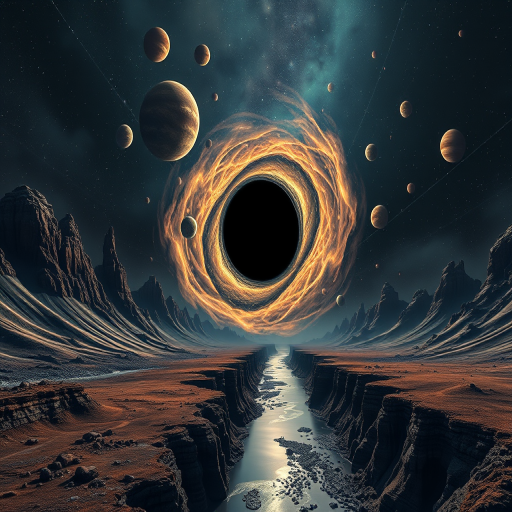 A cosmic landscape depicting a swirling black hole surrounded by planets, jagged mountains, and a reflective river under a dark sky, shot with a wide-angle lens at f/8, ISO 100, 1/100 sec, using a full-frame DSLR for enhanced detail and clarity.