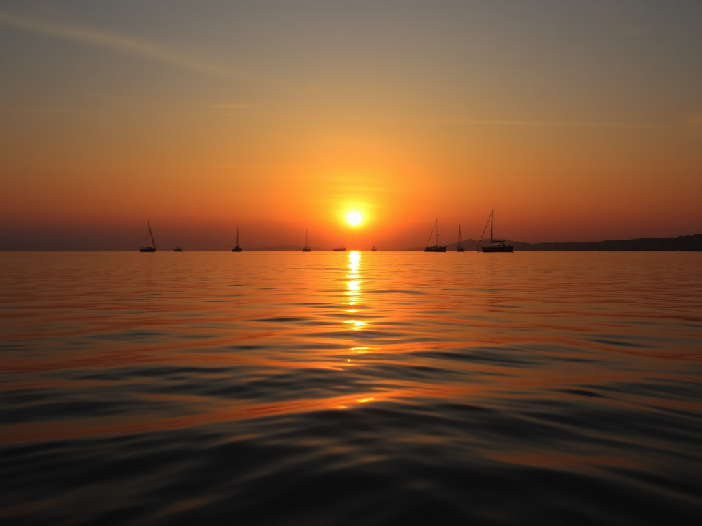 sunset over calm waters with silhouettes of boats, warm orange and golden hues, low angle view, aperture f/8, ISO 100, 1/200 sec, landscape orientation, DSLR camera