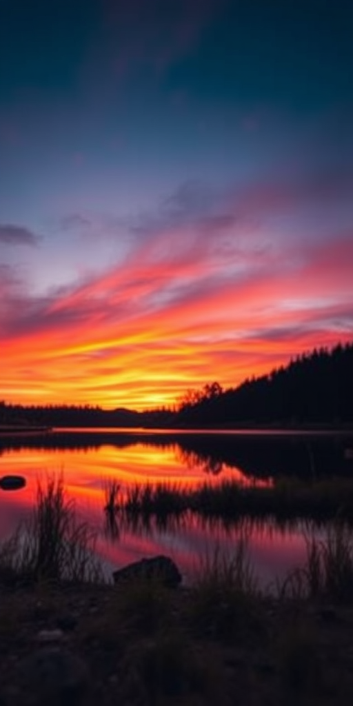 Create a high-resolution image of a serene landscape during sunset, focusing on a calm lake reflecting vibrant orange and purple hues in the sky, using a DSLR camera with a 50mm lens, aperture f/4, ISO 100, with a shallow depth of field from a low angle perspective.