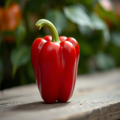 Create a highly detailed and realistic image of a red bell pepper, utilize a Canon EOS 5D Mark IV camera, aperture set to f/2.8, ISO 100, and a 50mm lens in a close-up shot with soft focus background to enhance image quality.