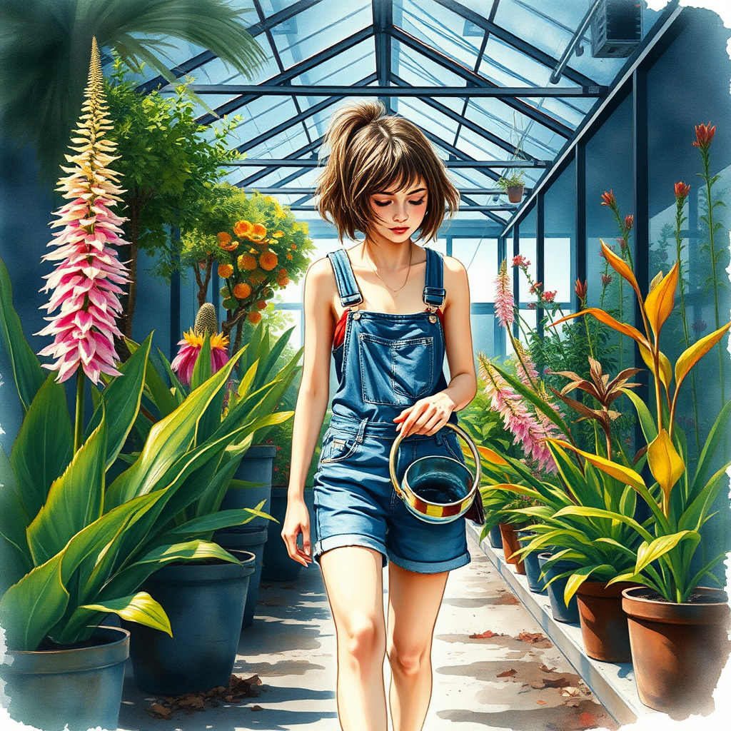realistic water color painting. a young woman with gathered messy hair and dressed in a short denim overalls walks inside a dark greenhouse with tall and colorful plants and trees. He dries his sweat with his arm and holds a big watering hole in his hand