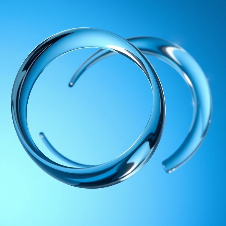 Create a high-resolution image of two glass-like curves interweaving against a gradient blue background with soft bokeh effects, using a DSLR camera at f/2.8 aperture, 50mm lens, ISO 100, and a shallow depth of field for artistic blur on the edges.