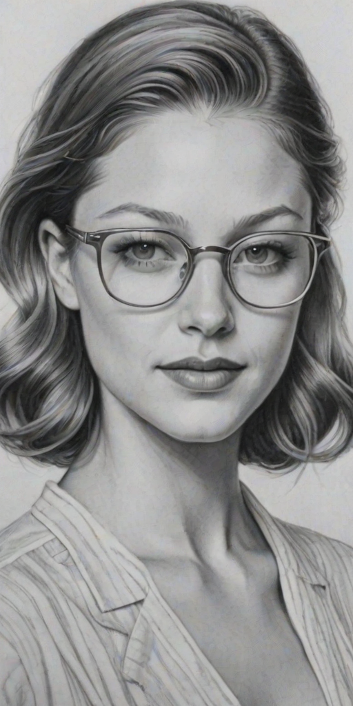 Appealing Melissa Benoist, pencil sketch, portrait of Dazzling woman 1937s in glasses, hair style beatnik, outline, clear lines, fine lines, 8k
