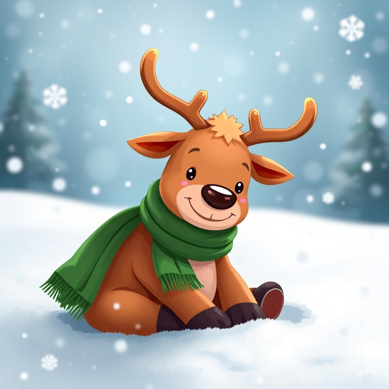 Create a cute cartoon reindeer sitting in the snow with a green scarf, surrounded by falling snowflakes, using a DSLR camera with a 50mm lens, aperture f/2.8, ISO 200, and a wide-angle view for enhanced image quality.