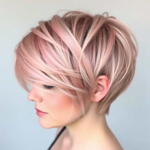 Soft rose gold pixie cut with textured layers and subtle glitter accents, creating a whimsical and feminine appearance named Pixie Dust Blush
