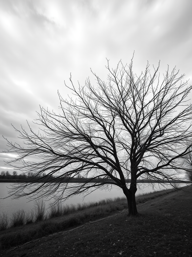 capture a black and white photograph of a barren tree by a riverbank under a cloudy sky using a DSLR camera, 50mm lens, f/8 aperture, ISO 100, and a shutter speed of 1/250 seconds, with a landscape orientation and focus on the tree's intricate branches for enhanced detail