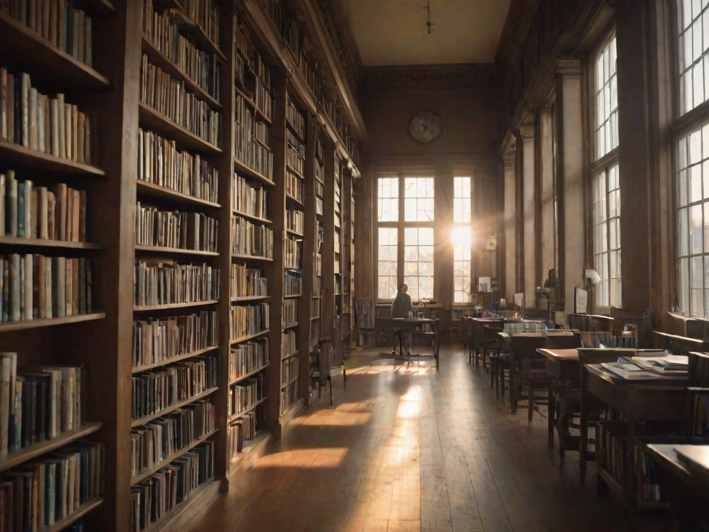 Soft-focus image of a quiet library with tall shelves filled with books, soft sunlight streaming through large windows, and a solitary figure reading in a cozy corner.
