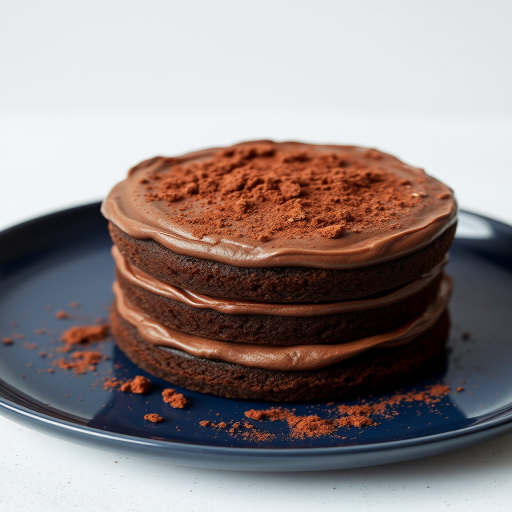 A three layer chocolate cake with rich chocolate frosting topped with cocoa powder on a dark blue plate set against a light background.