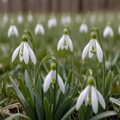 a close-up of snowdrop flowers blooming in soft focus on a grassy field with a blurred background