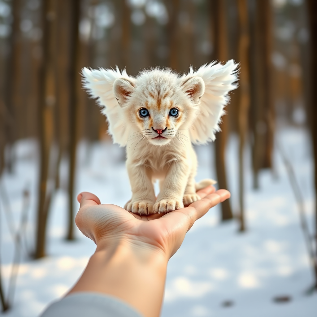 A small, white lion cub with angelic wings standing on a human hand. The cub has a soft, fluffy texture with detailed fur, expressive blue eyes, and a curious expression. The wings are large and feathery, blending seamlessly with its fur, giving an ethereal appearance. The background is a winter forest, with the ground covered in snow and blurred brown trees, creating a serene atmosphere. The human hand in the foreground is positioned palm-up, supporting the lion cub gently, fingers slightly curled. The lighting is soft and diffused, enhancing the tender and magical feel of the scene. Colors are predominantly neutral with white, cream, and soft browns, contrasting with the subtle blue of the lion cub's eyes. The overall composition is balanced, with the cub at the center, creating a focal point that draws the viewer's attention immediately.
